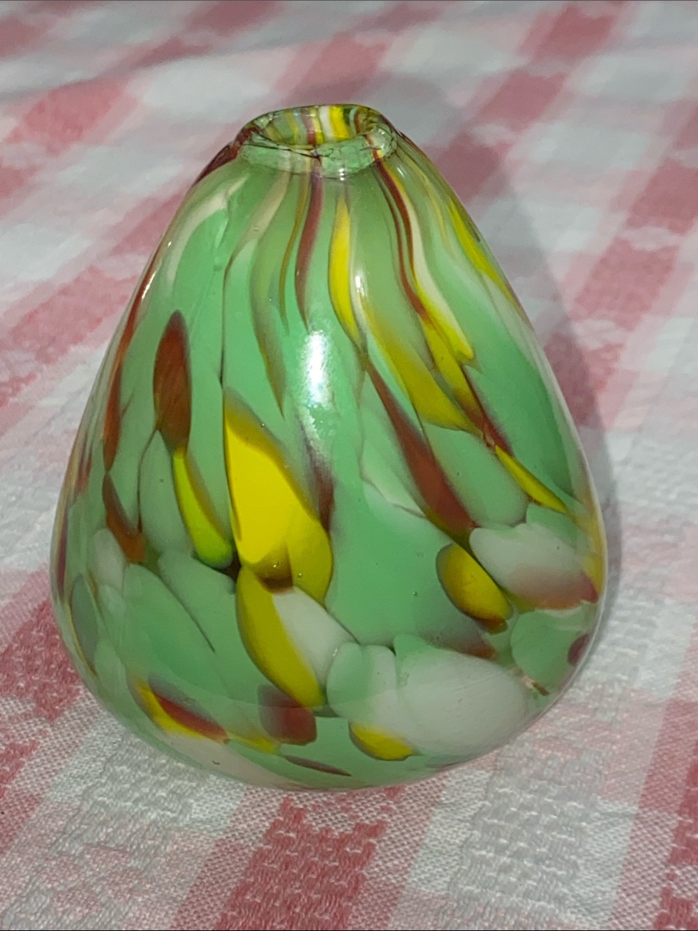 Pearlessence Handblown Art Glass Bud Reed Vase in Green, Yellow & White